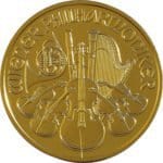 Der goldene Philharmoniker in Gold, mit Nennwert 100 Euro, die Vorderseite